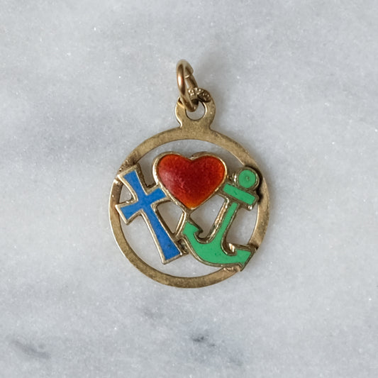 Vintage 14K Yellow Gold Enamel FAITH, HOPE & CHARITY Charm