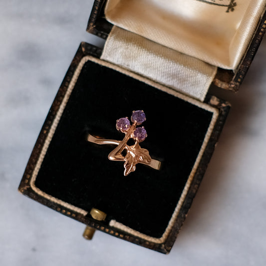 Mid-Century 14K (583) Rose Gold 3-Stone Amethyst Floral Ring