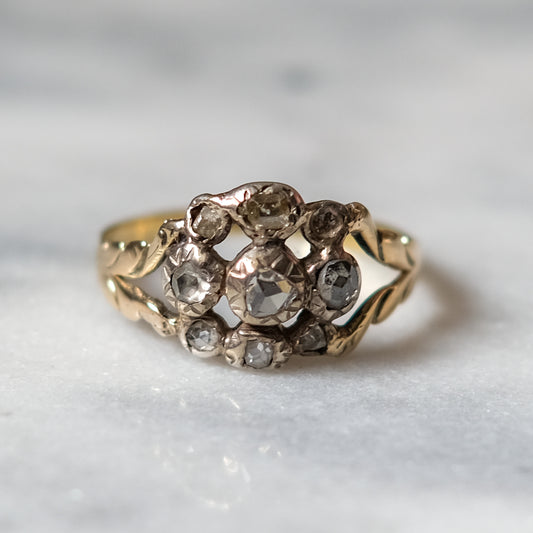 Antique Victorian 18K Yellow Gold Rose-Cut Diamond Floral Cluster Ring circa 1850-70s