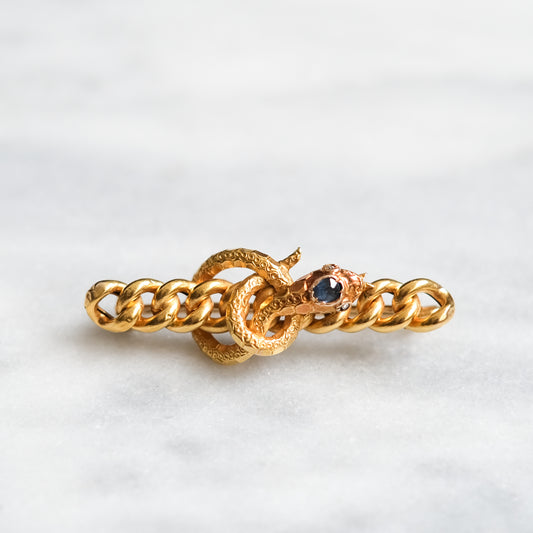 Victorian 14K Yellow Gold Sapphire and Rose Cut Diamond Serpent Brooch