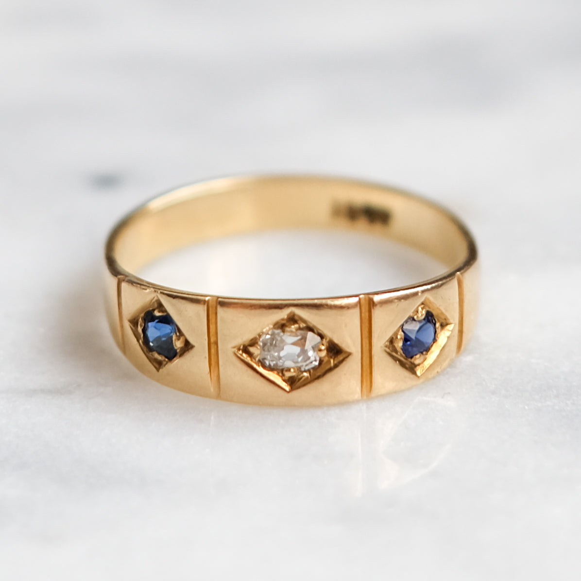 Victorian 18K Yellow Gold 3-Stone Diamond and Sapphire Flush Set Band