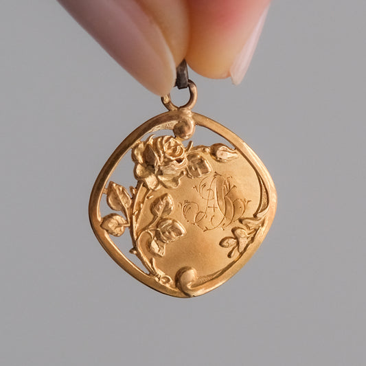 French Belle Époque Square 18K Rose Gold "AB" Rose Medallion Pendant