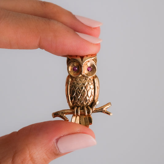 Vintage 9K Rose Gold Perching Owl Brooch