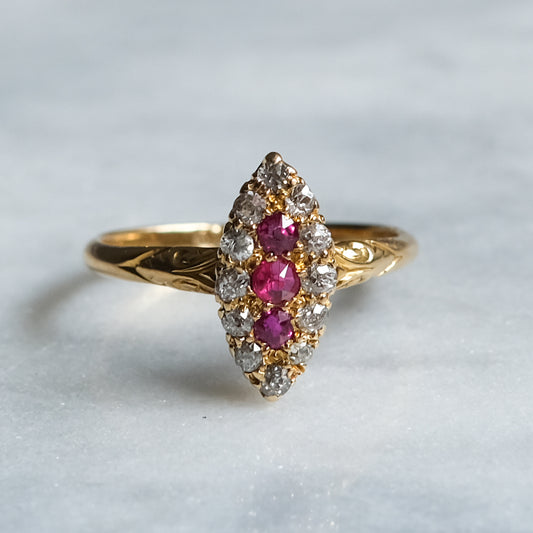 Victorian 18K Yellow Gold Diamond Ruby Navette Ring