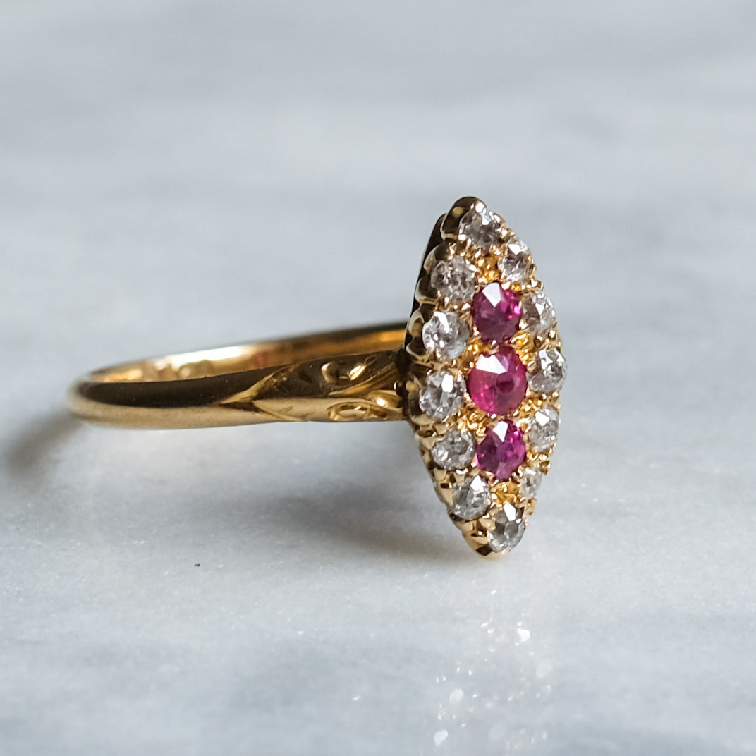 Victorian 18K Yellow Gold Diamond Ruby Navette Ring