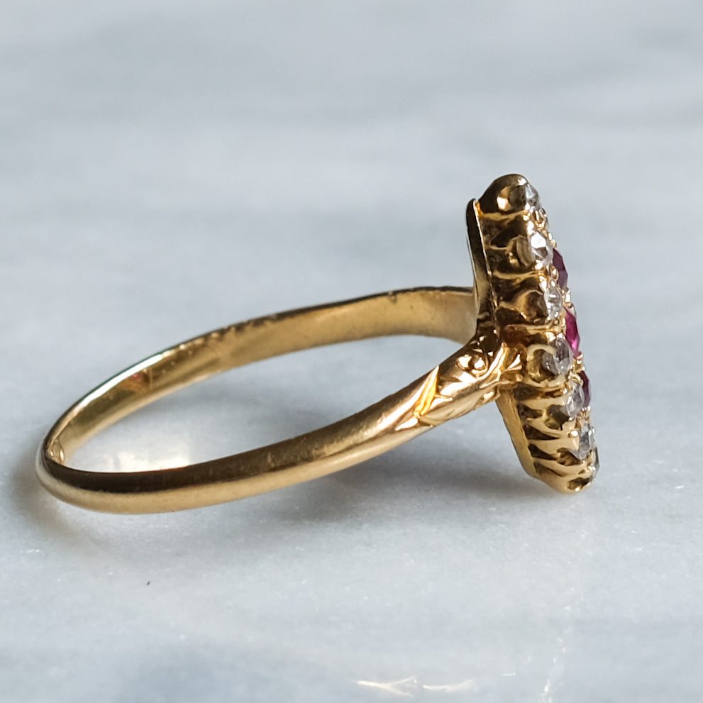 Victorian 18K Yellow Gold Diamond Ruby Navette Ring