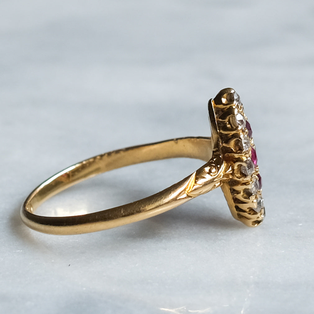 Victorian 18K Yellow Gold Diamond Ruby Navette Ring