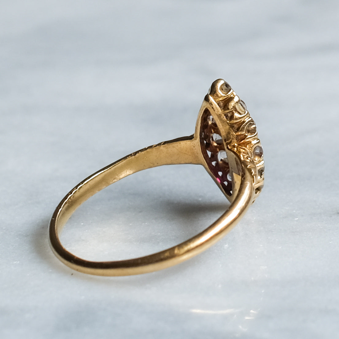 Victorian 18K Yellow Gold Diamond Ruby Navette Ring