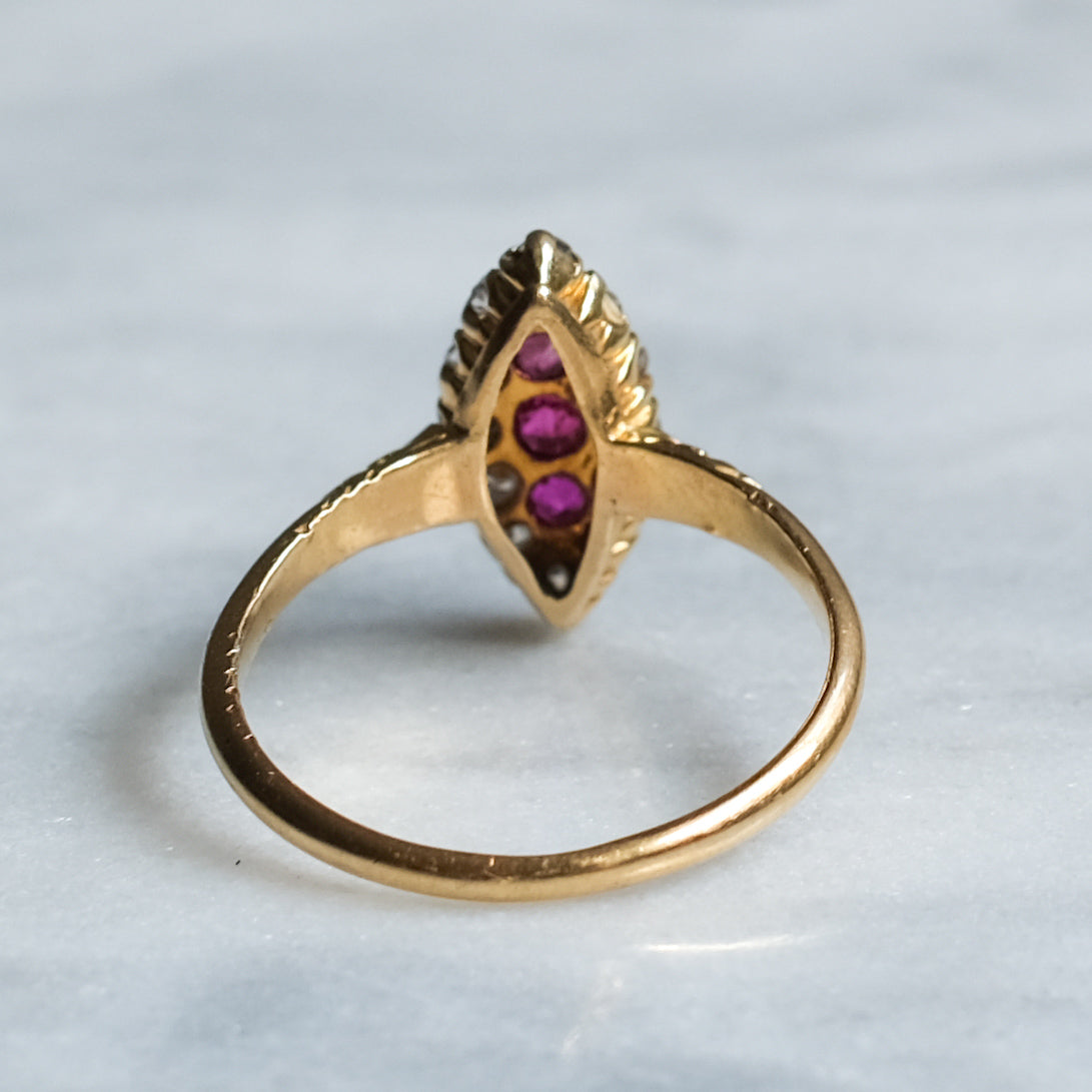 Victorian 18K Yellow Gold Diamond Ruby Navette Ring