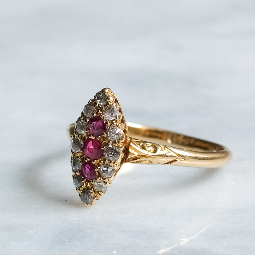 Victorian 18K Yellow Gold Diamond Ruby Navette Ring