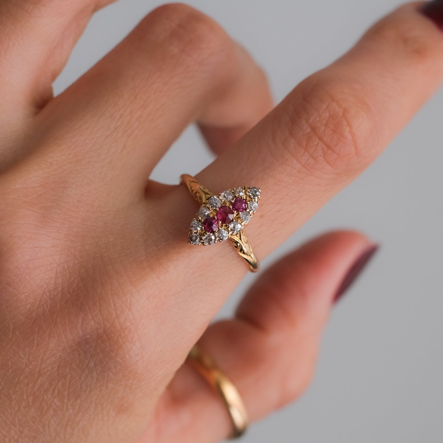 Victorian 18K Yellow Gold Diamond Ruby Navette Ring