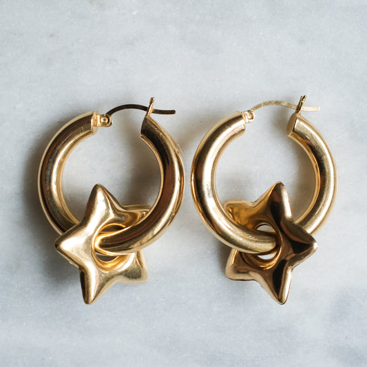 Vintage 14K Yellow Gold Puffy Star Hoop Earrings