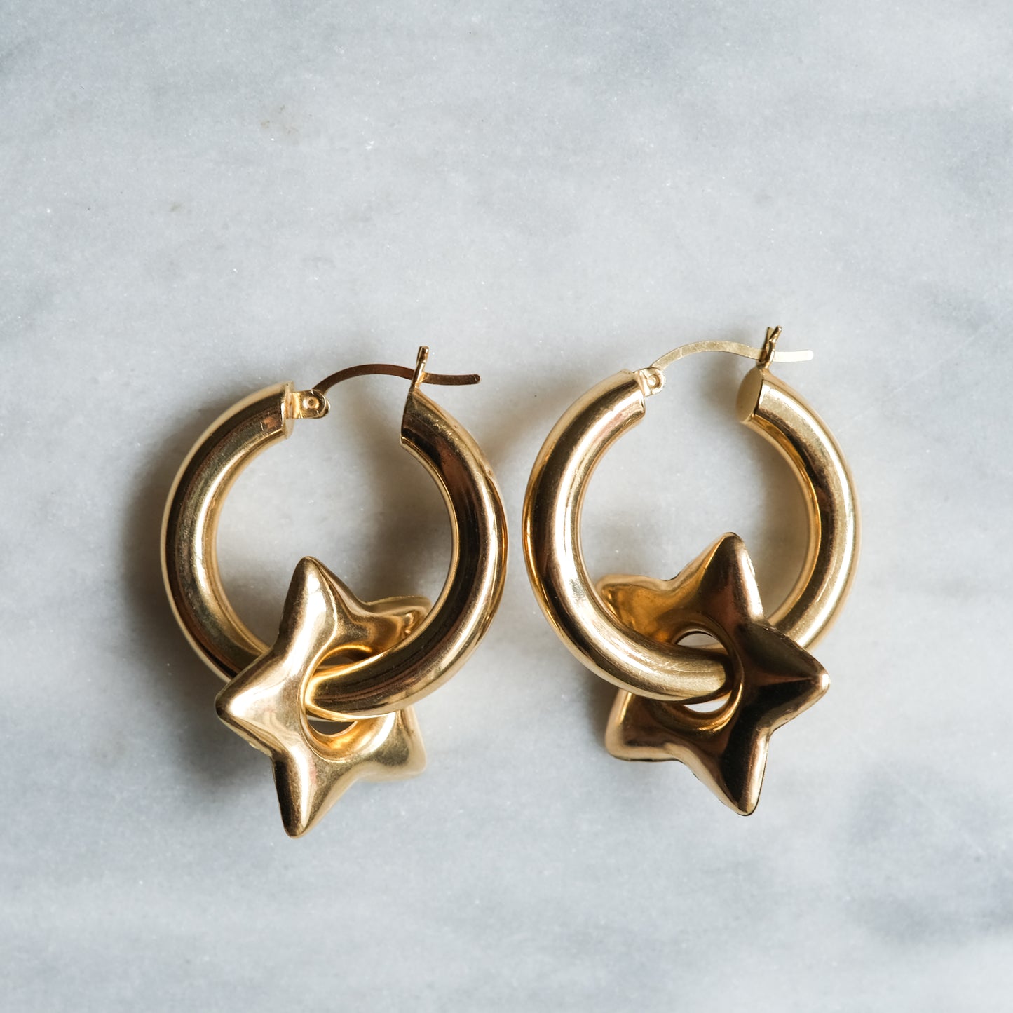 Vintage 14K Yellow Gold Puffy Star Hoop Earrings