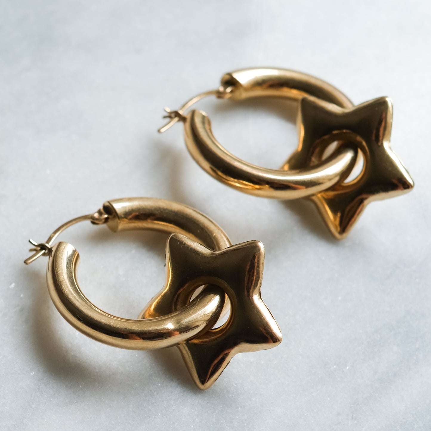 Vintage 14K Yellow Gold Puffy Star Hoop Earrings