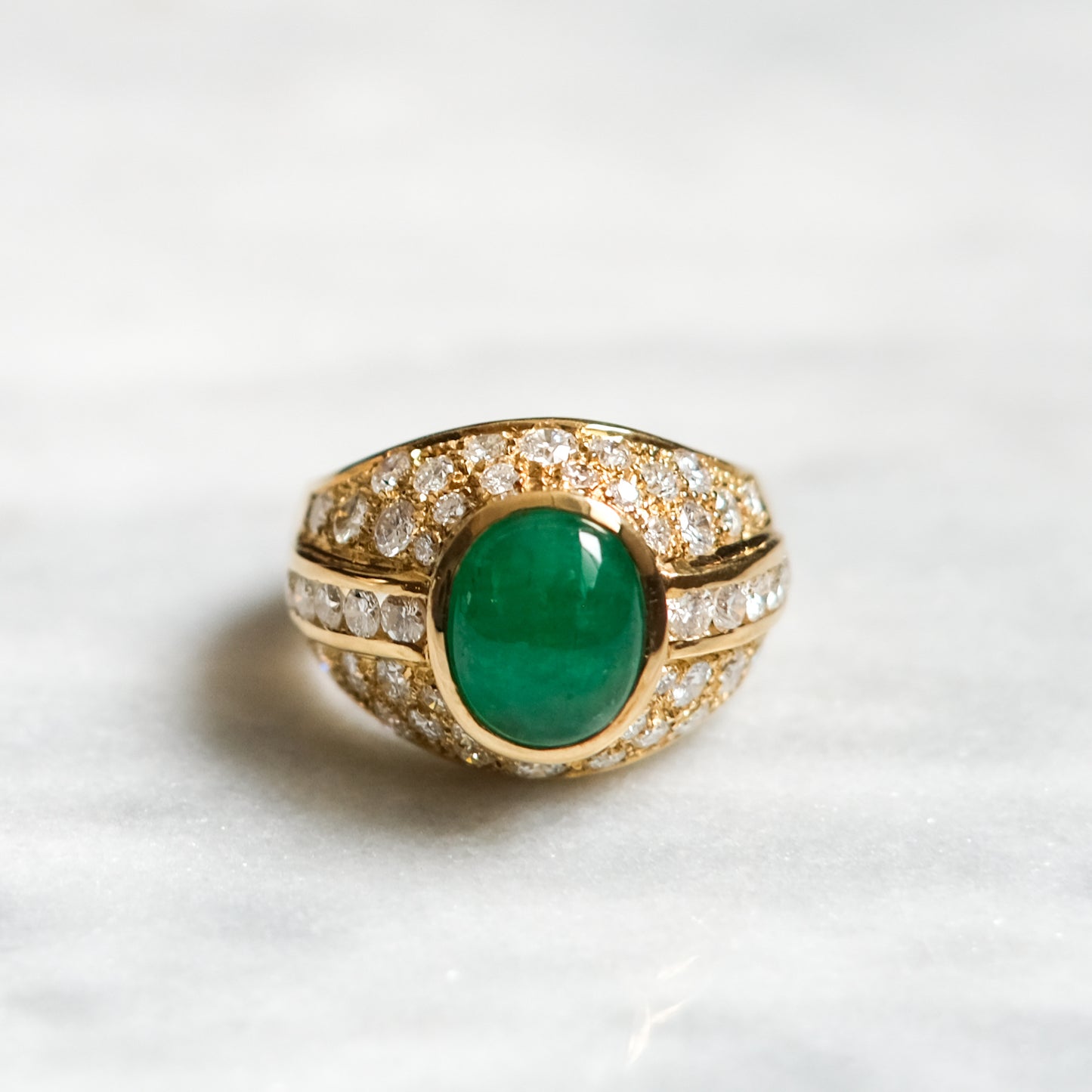 18K Yellow Gold Diamond and Emerald Bombe Ring