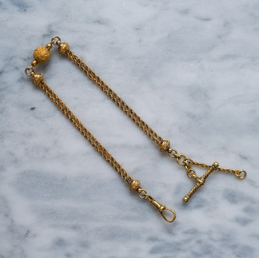 Victorian 15K Yellow Gold Albertina Watch Chain with Textured Ball and T-Bar